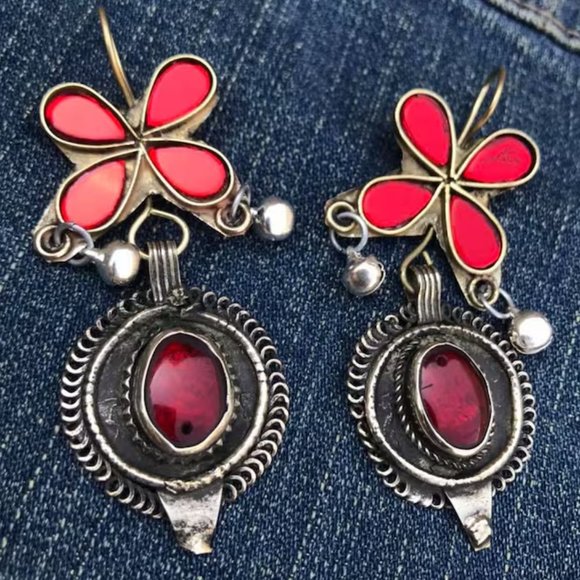 Tribal Kuchi Red Earrings, Handmade Statement Dangle Earrings - Picture 2 of 5